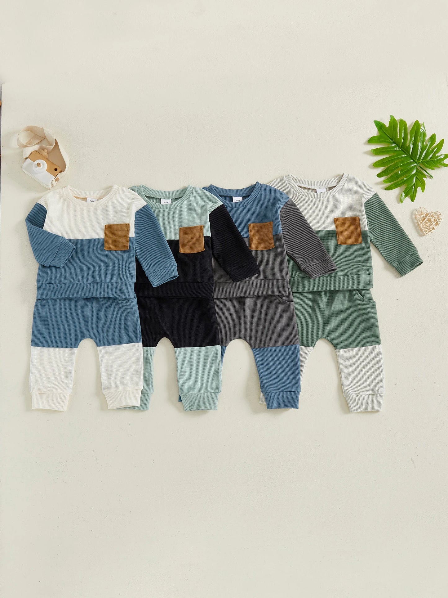 Casual Baby Boys Clothes Set - Long Sleeve Waffle Top & Elastic Waist Pants (0-3Y)