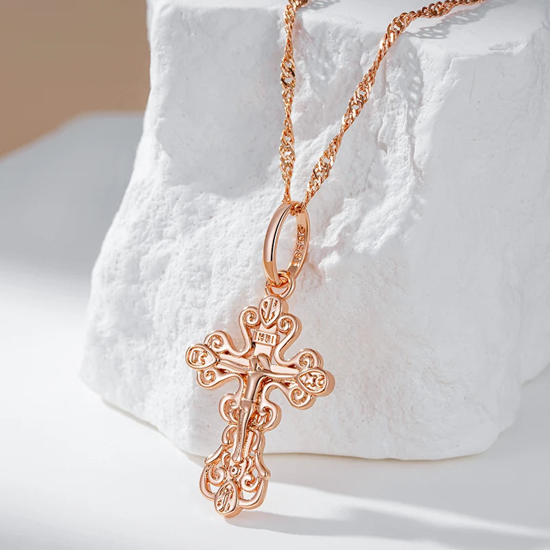 Women 585 Rose Gold Colour Cross Pendant Necklace