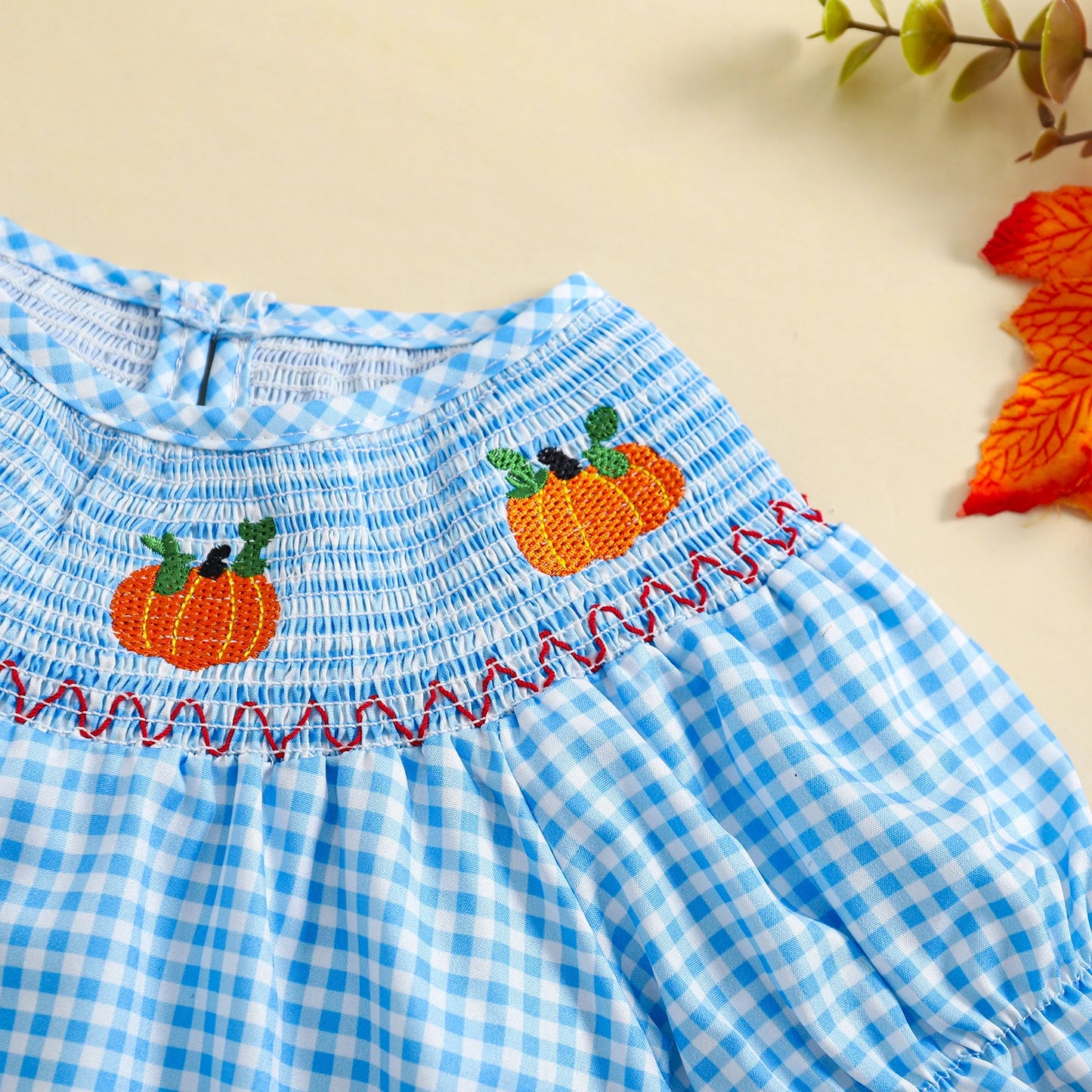 0-3Y Baby Girls Boys Romper Pumpkin Embroidered Plaid Print Short Sleeve Ruffled Jumpsuits