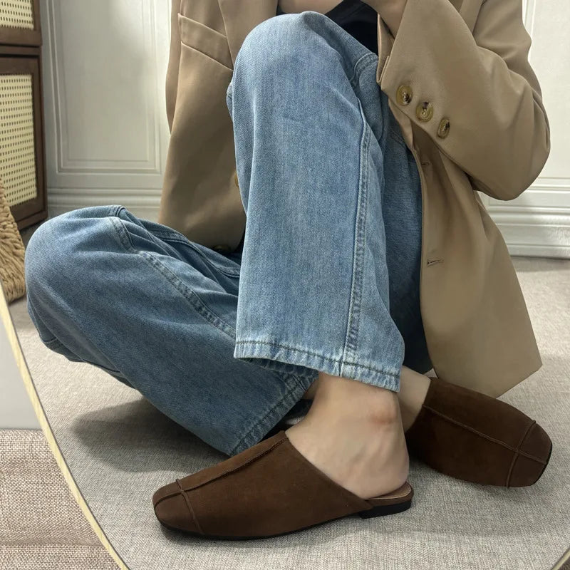 Women's Suede Square Toe Flat Slippers