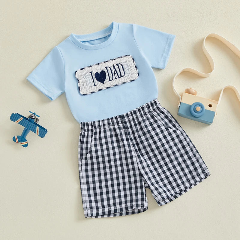 Baby Boys' Father's Day Outfit Set - Letter Heart Embroidery T-Shirt & Plaid Shorts 2pcs