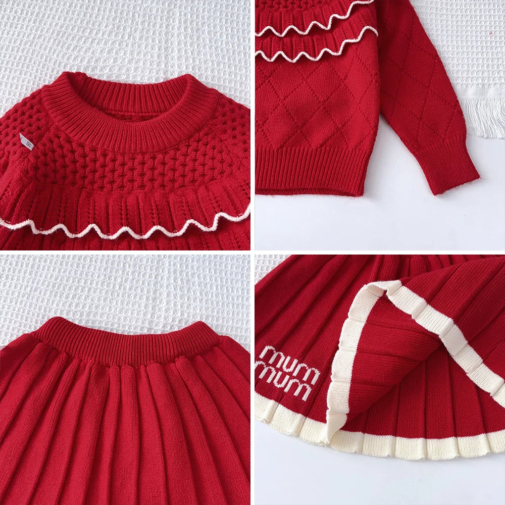 Girl's Diamond Grid Wave Knitted Sweater and Skirt 2-piece Set