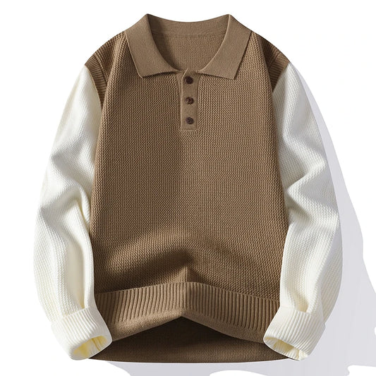 Men's Turn-Down Collar Knitted Pullover - Patchwork Long Sleeve Casual Sweater