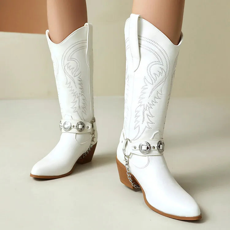 Women's Tapered Circular Metal Chain Chelsea Bohemian Pointed Leather Knee High Boots