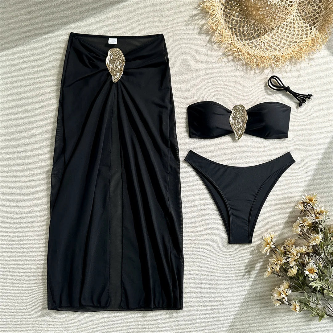 Metal Ring Bikini Set with Skirt