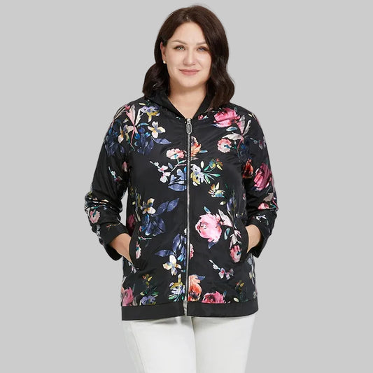 Women's Oversized Hooded Flower Print Zip Windbreaker Jacket