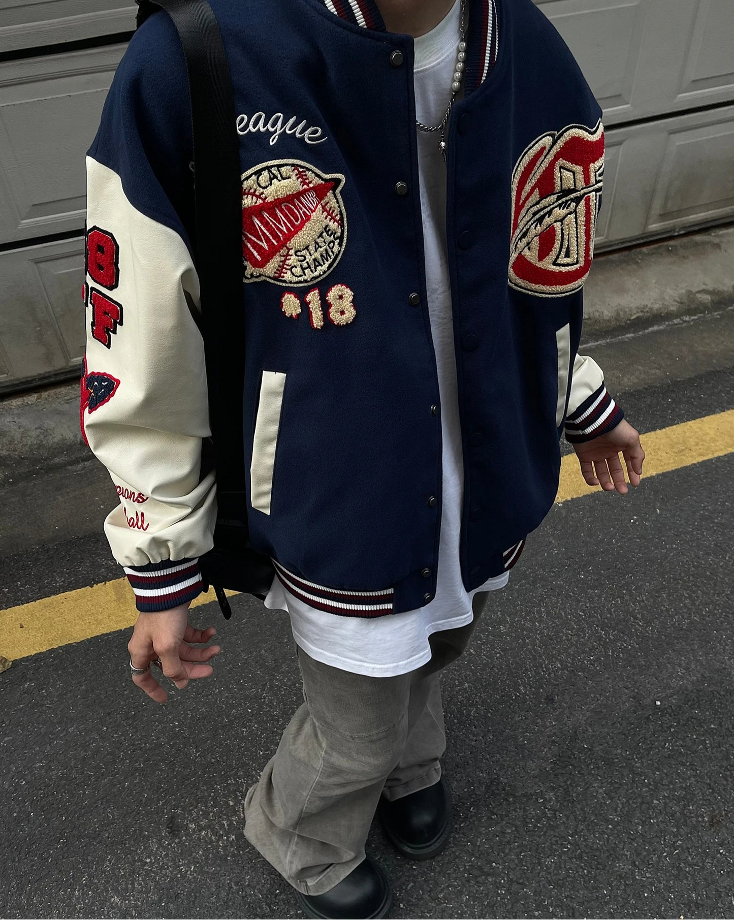 Men's Vintage Flocked Embroidery Patchwork Varsity PU Leather Sleeve Baseball Jacket