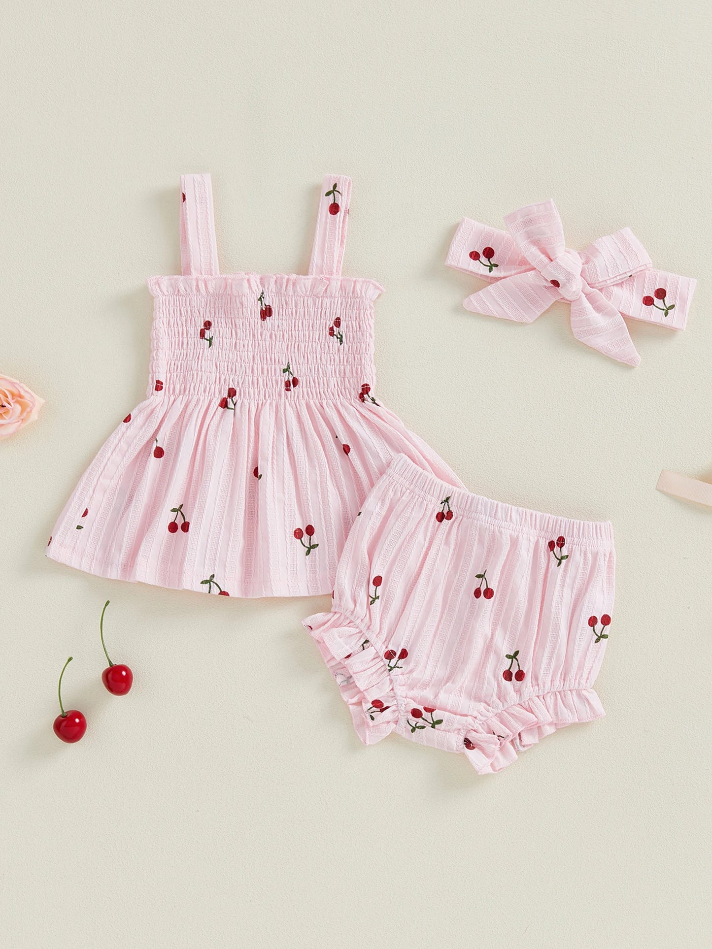 Baby Girls Summer Outfit Set - Cherry Print Square Collar Top with Ruffled Shorts & Headband 0-24M