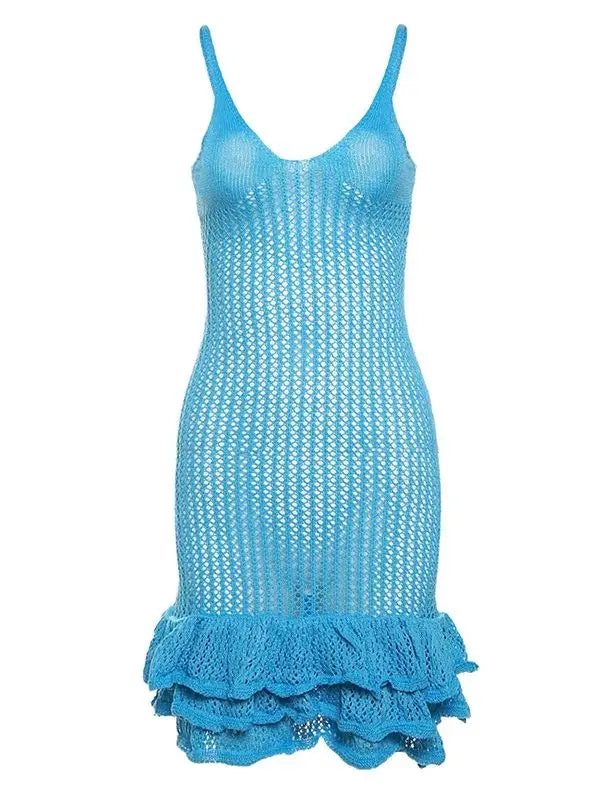 Women's Crochet Knit Mini Dress - Sleeveless Ruffle Hem Cover Up