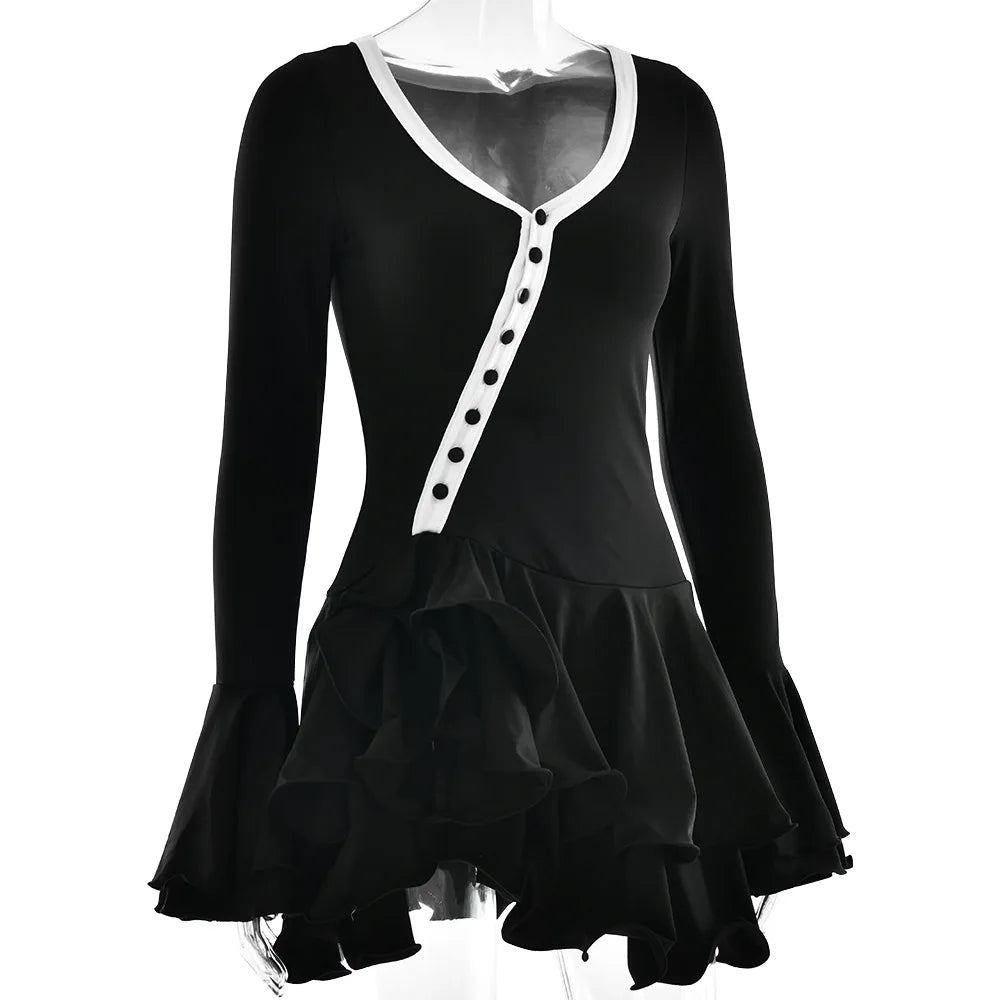 Women's Ruffled Mini Dress - Single-Breasted V-Neck with Flare Sleeves