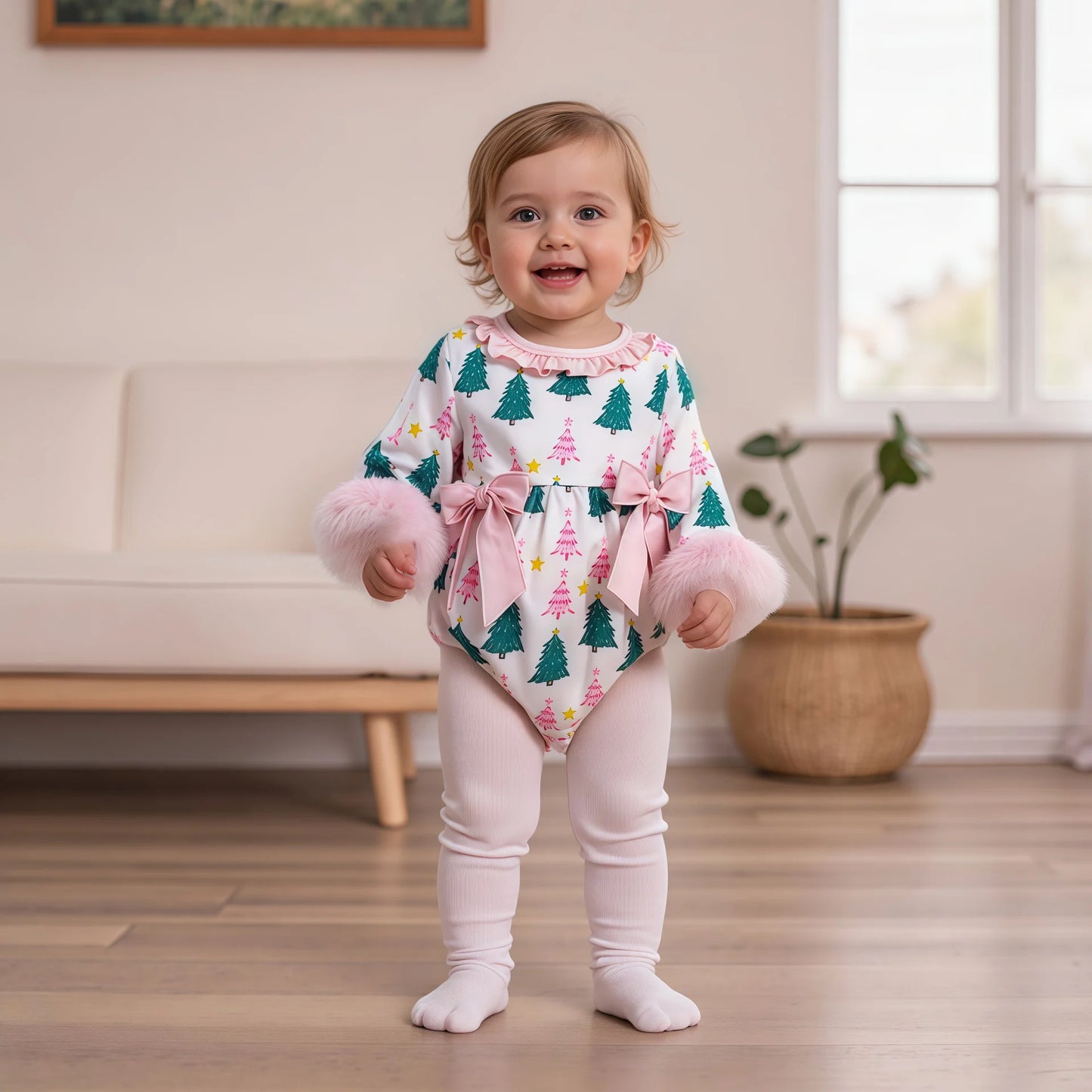 Baby Girls' Christmas Tree Print Romper - Festive Long Sleeve Jumpsuit