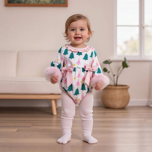 Baby Girls' Christmas Tree Print Romper - Festive Long Sleeve Jumpsuit