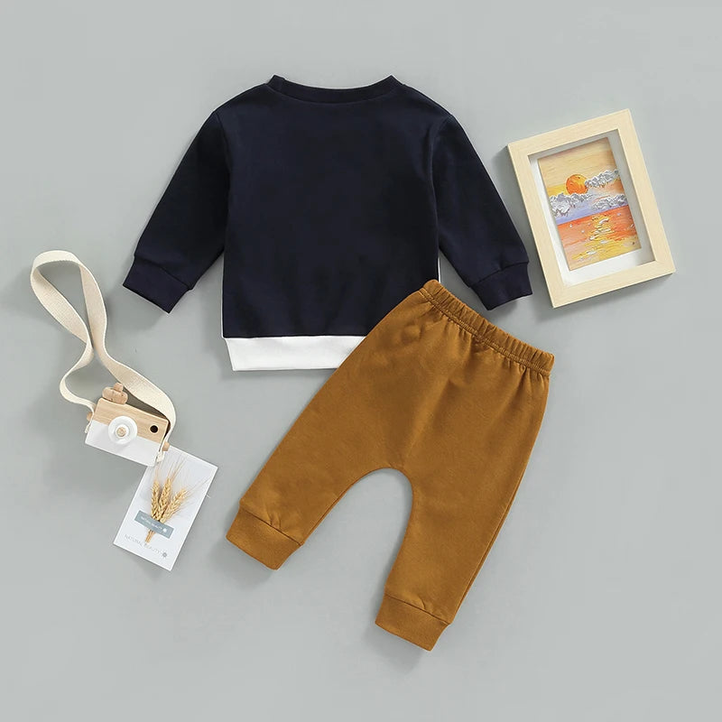 0-5Y Autumn Casual Kids Boys Clothes Set 2pcs Letter Print Colour Patchwork Long Sleeve Sweatshirt Top Pants