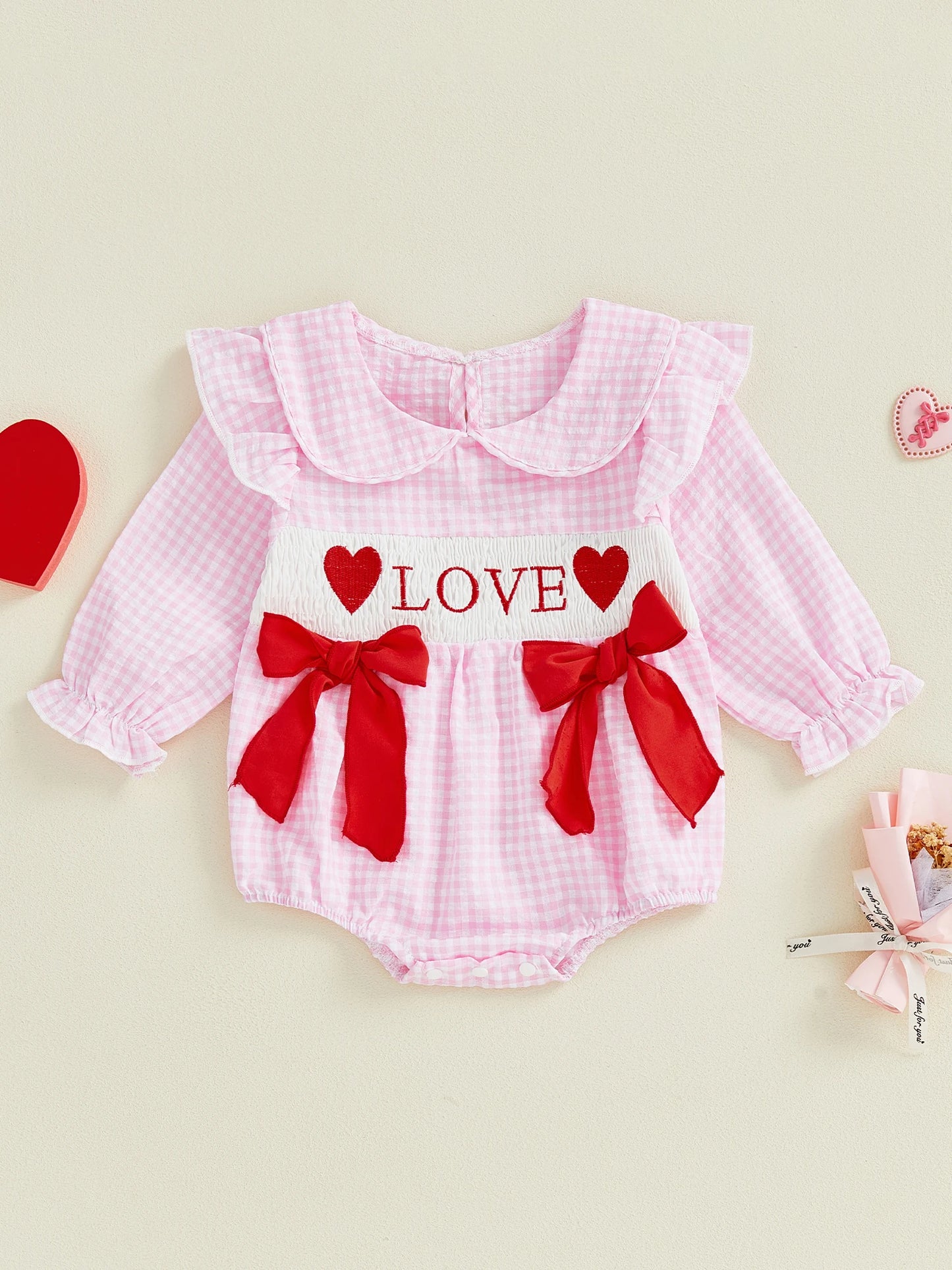 Baby Girls Valentine's Romper - Plaid Embroidered Ruffled Doll Neck Jumpsuit 0-18M