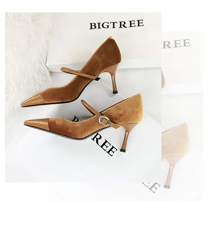 Suede Buckle Design Pumps - Pointed Toe Stilettos Available in 7cm and 10cm Heights