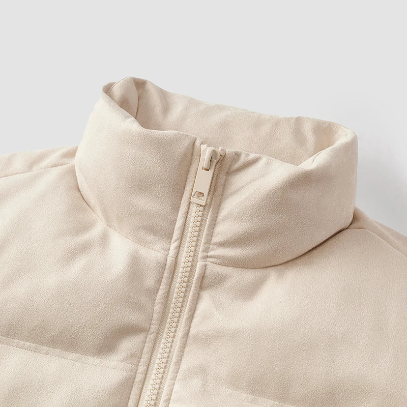 Down Jacket Men Faux Suede Texture Stand Collar Puffer Coat Winter Loose Fit Warm Outerwear