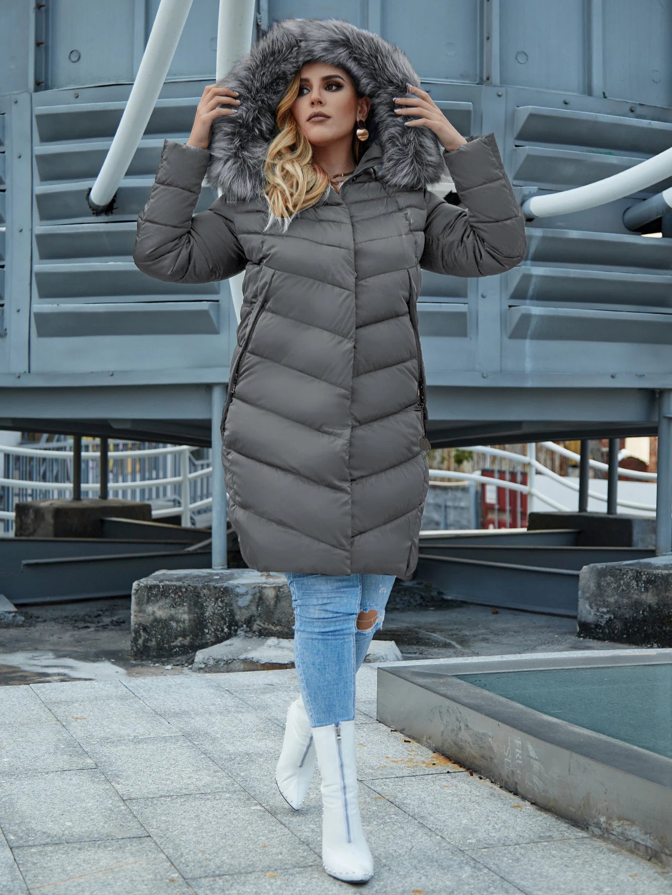 Women's Fur Collar Down Coat - Extra Long Winter Jacket