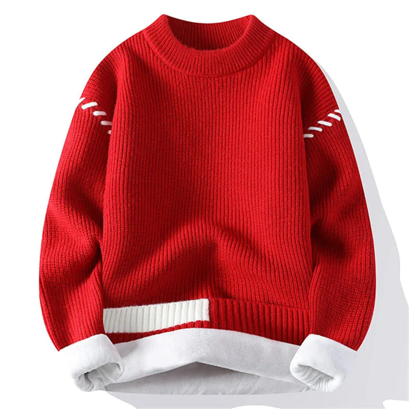 Men's Fleece Knit Pullover - Warm O-Neck Winter Sweater