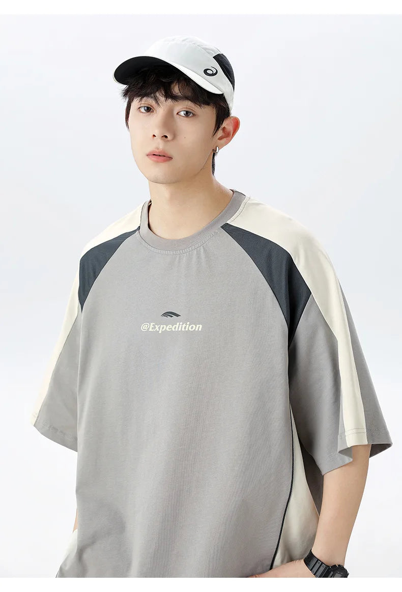 Men's Sports T-Shirt Mesh Breathable Colour Block Letter Print Short Sleeve