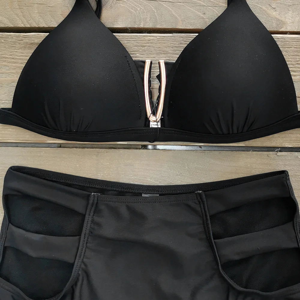 Women's 3-Piece Solid Bikini Set - Padded Bra, Tassel High Waist & Beach Skirt