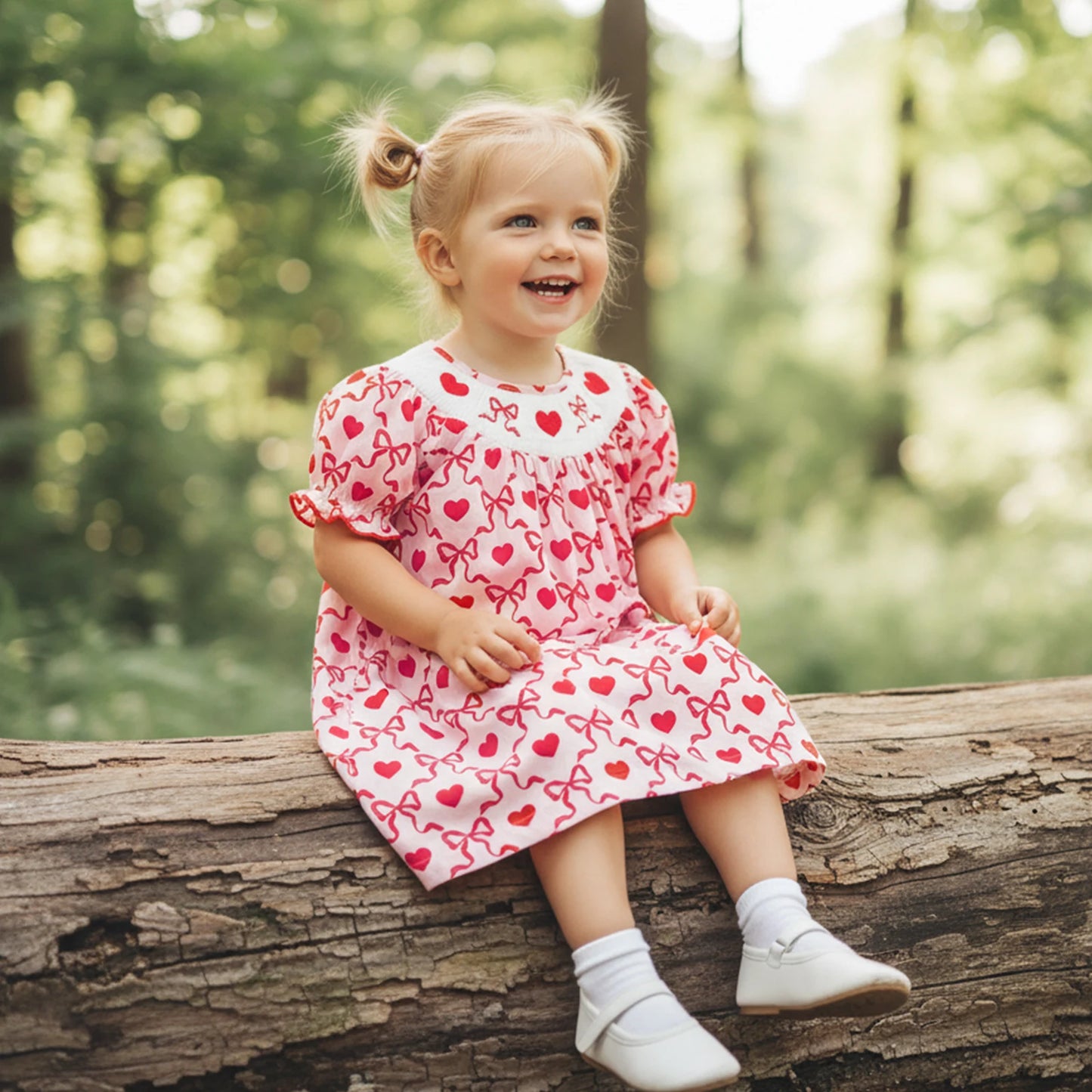 Little Girls Valentine's Day Short Sleeve Heart Embroidery Print A-Line Dress