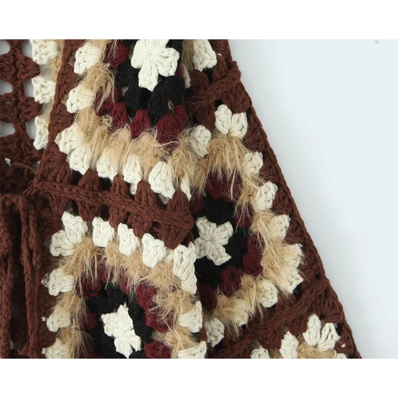 Boho Plaid Handmade Crochet Cardigan - Long Sleeve Lace Up Autumn Sweater