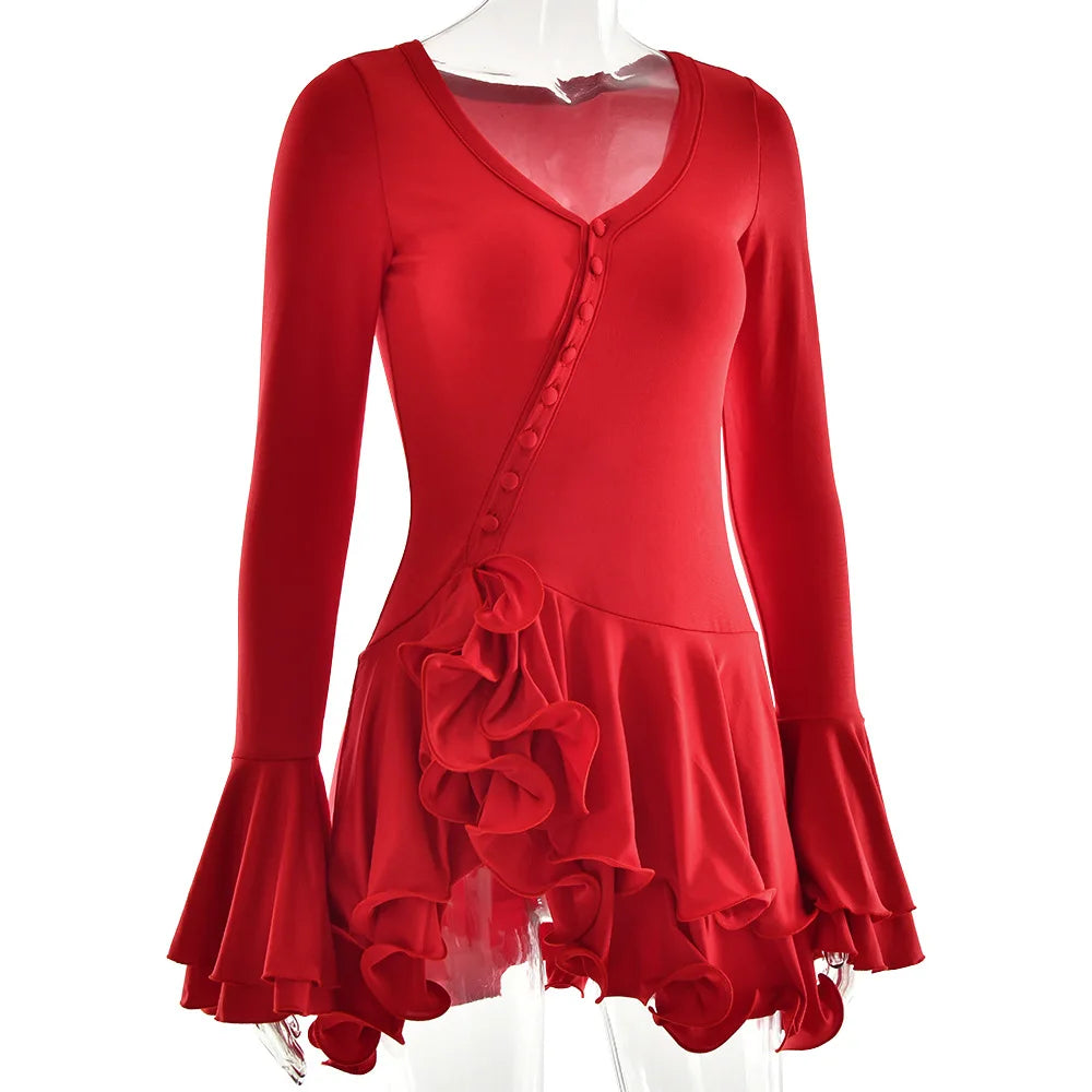 Women's Ruffled Mini Dress - Single-Breasted V-Neck with Flare Sleeves
