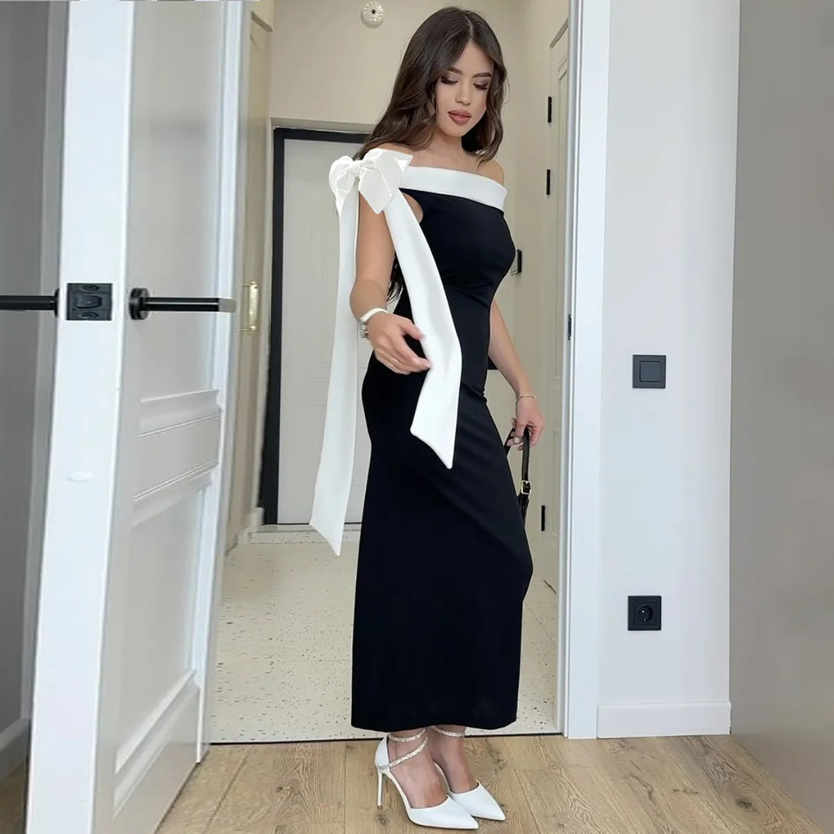 Women's Off-Shoulder Ribbons Maxi Contrast Colour Sleeveless Bodycon Irregular Dress