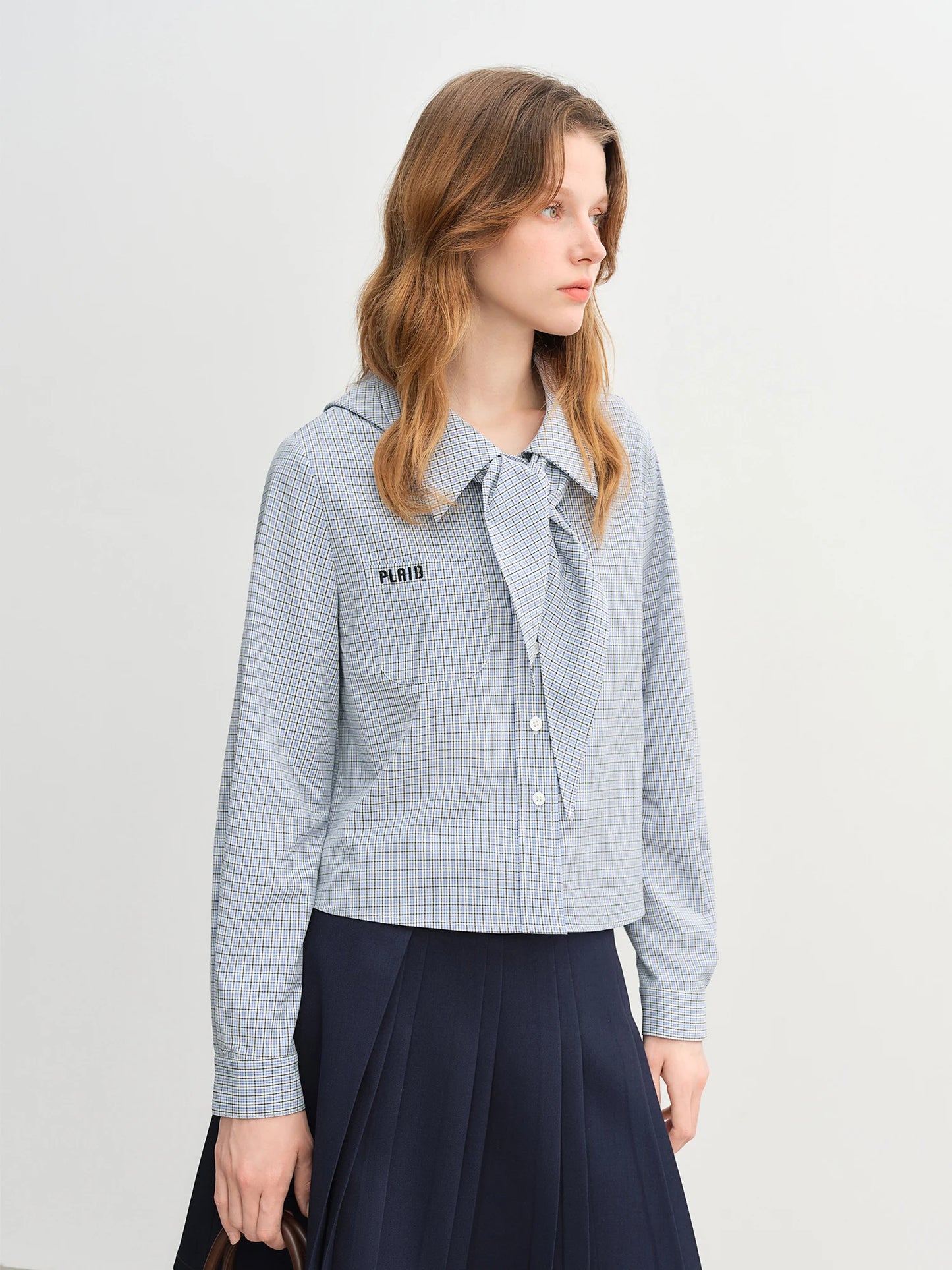 Blue Plaid Shirt & Navy Skirt Set - Long Sleeve Two-Piece