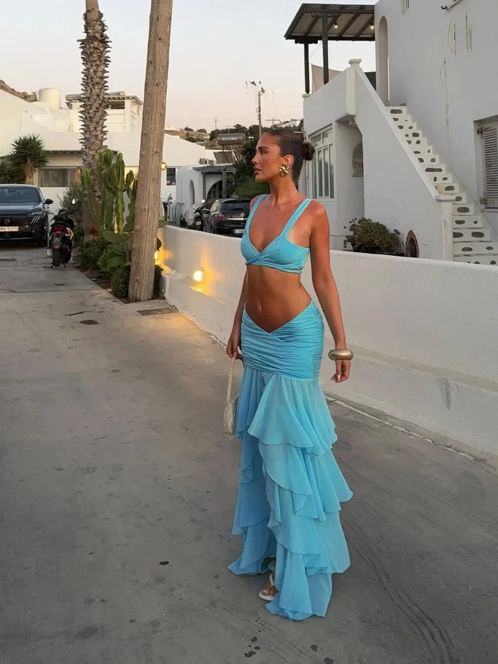 Women's 3-Piece Ruffle Bikini Set with Maxi Skirt - Halter Style Beach Wear