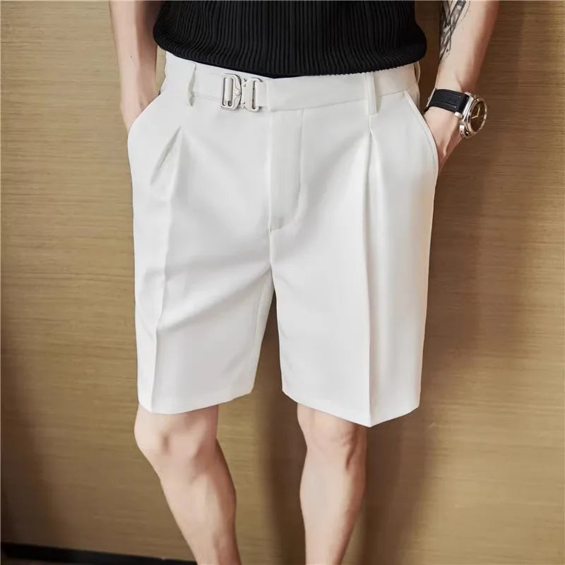 Men's Elastic Waist Suit Shorts - Slim Fit Casual Knee Length