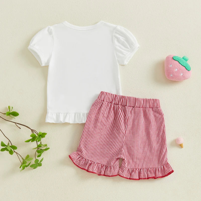 Toddler Baby Girls Clothes Set 0-3Y Strawberry Fruit Embroidery Short Sleeve Ruffle T Shirt and  Plaid Ruffle Shorts