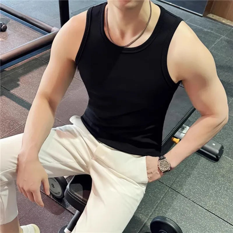 Men's Summer Cotton Tank Top Stretch Sports Sleeveless Fitness Breathable Slim Fit Vest