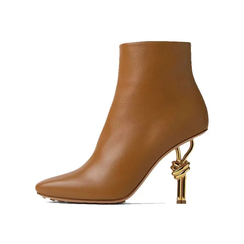 Women's Round Head Metal Electroplating High Heel Short Tube Side Zipper Boots