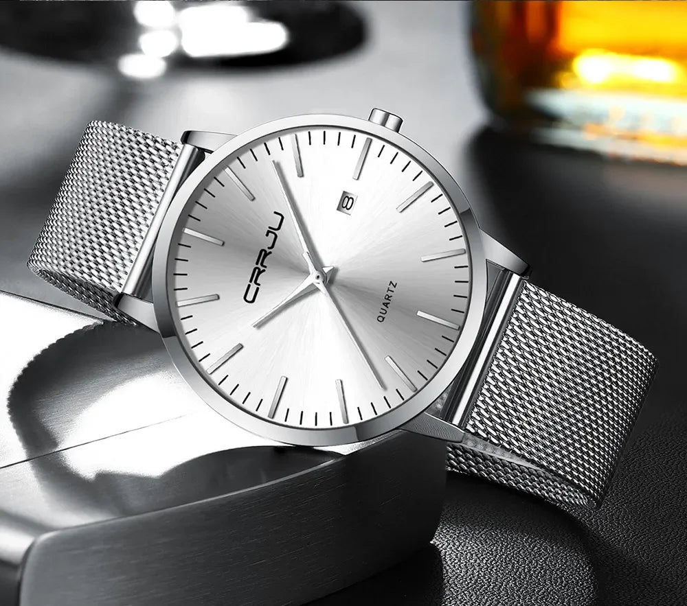 Ultra Slim Stainless Steel Watch - 40mm Mesh Strap Men's Automatic Wristwatch