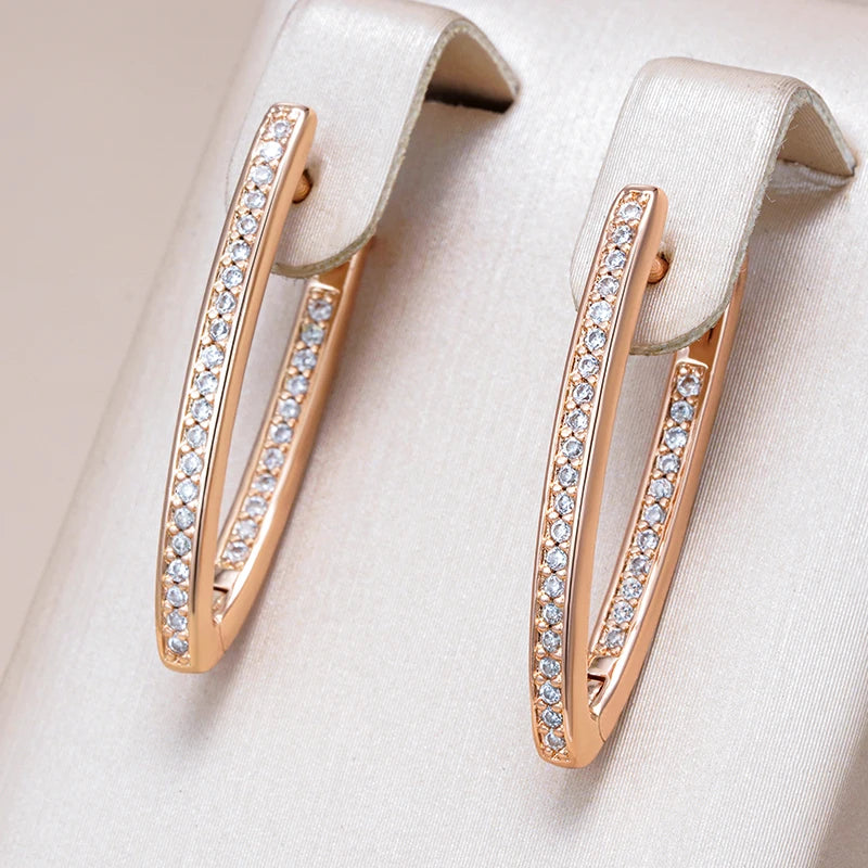 Rose Gold V-Shape Hoop Earrings - Natural Zircon Women's Jewelry