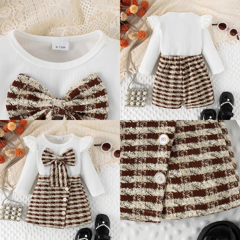 0-4Y Kids Girls Long Sleeve Bowknot Top Buttons Plaid Print A-Line Skirt