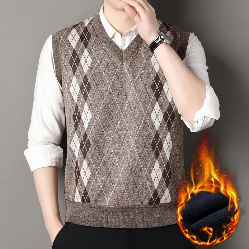 Autumn Winter Argyle Plaid Knit Vest - Fleece Sleeveless Waistcoat