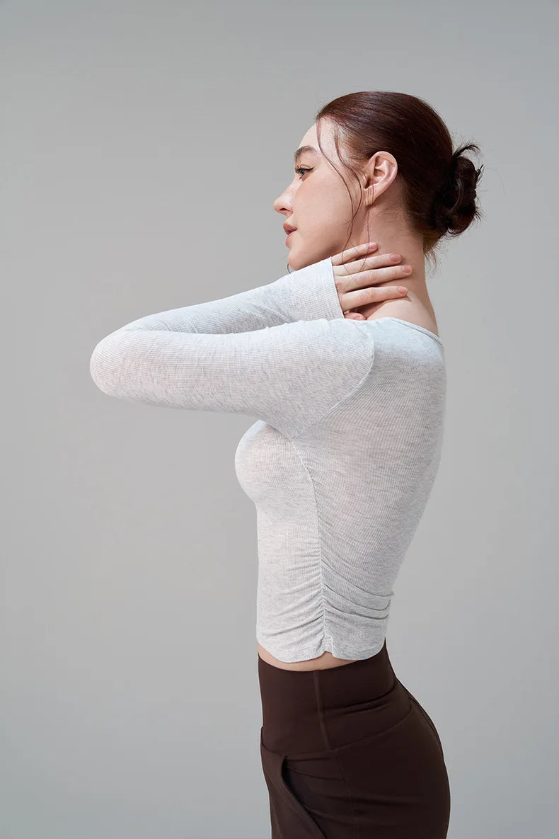 Ribbed Gym Top - Long Sleeve Drape Sides Yoga Shirt with Dry Fit