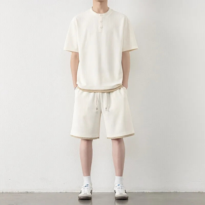 Men's Summer  Sports Sets Short Sleeve Round-Neck T-Shirt Elastic Waist Short Set