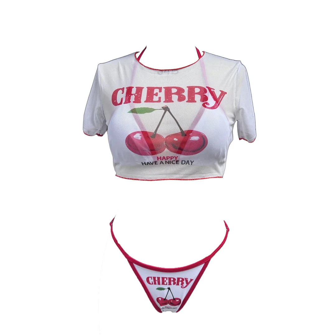 Women's Cherry Printed Short Sleeve Bikini Swimsuit Swimwear Three-pieces Bikini Set