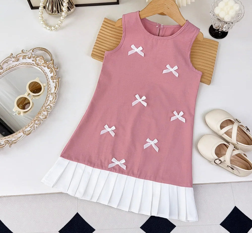 Girl's Summer Casual Round Neck Bow Sleeveless Princess Dress