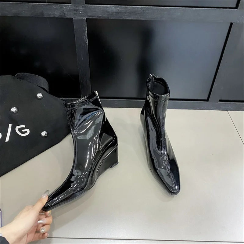 Patent Leather Pointed Toe Chelsea Ankle Boots | Wedge Heel & Rear Zip