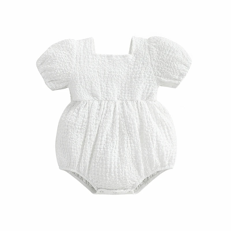Baby Girls Bubble Romper - Short Puff Sleeve Square Neck Backless Playsuit