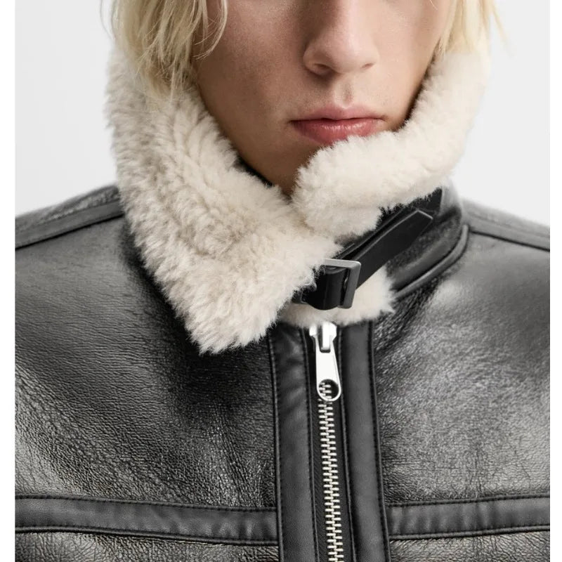 Men's Retro lapel Faux fur collar Integrated thermal PU leather Jacket