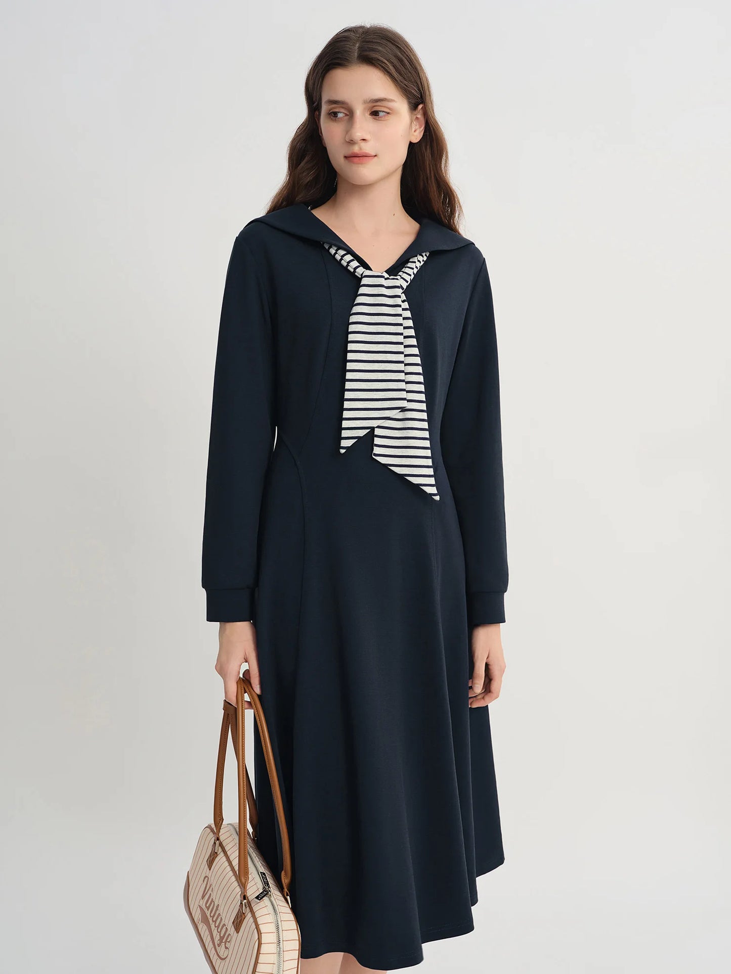 College Style Contrasting Color Wraparound V-Neck Long Dress