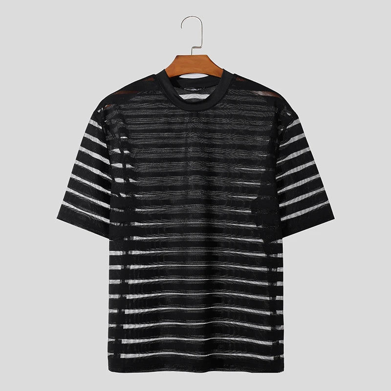 Men's Mesh Striped Round Neck Short Sleeve Transparent T-Shirt