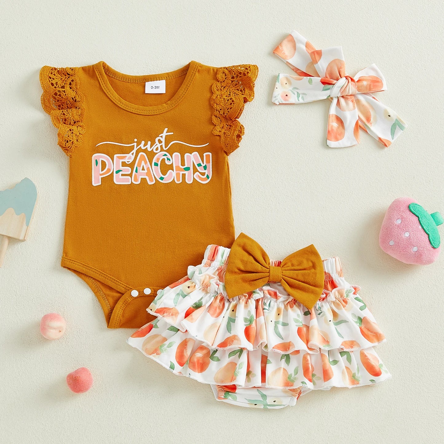 0-18M Baby Girls Summer Clothes Sets Flying Sleeves Letter Fruit Print Romper Tiered Ruffled Shorts with Headband