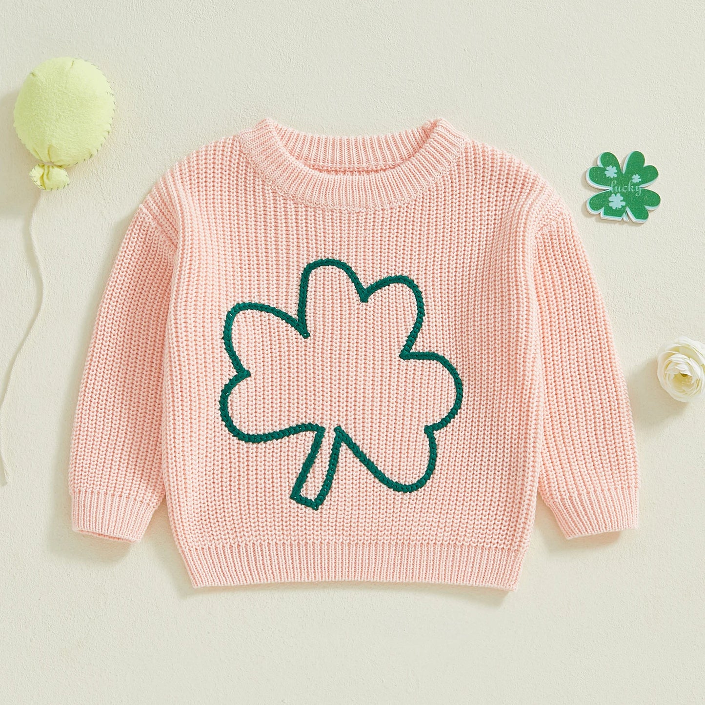 0-4Y  Kids Boys Girls Spring Sweater Clover Embroidery  Long Sleeve Crew Neck Pullover Knitwear