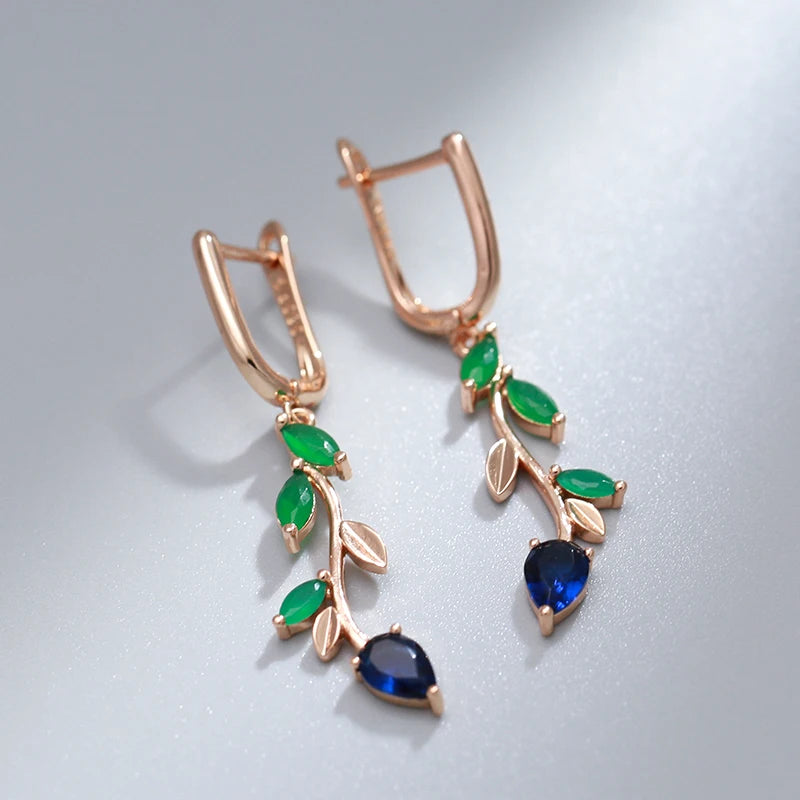 Women's 585 Rose Gold With Shiny Green Natural Zircon Long Leaf Drop Earrings